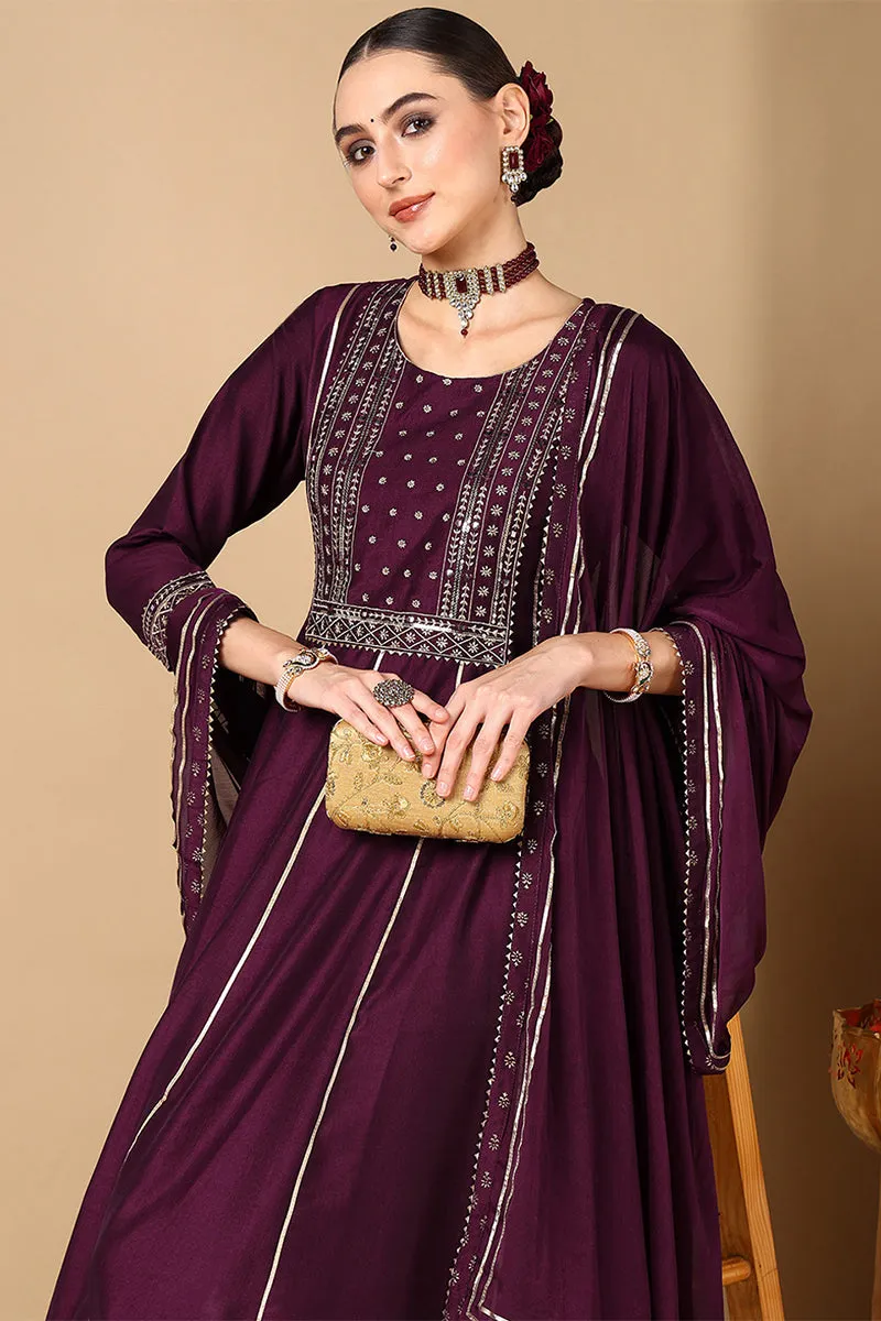 Plus Size Purple Silk Blend Solid Anarkali Style Suit Set