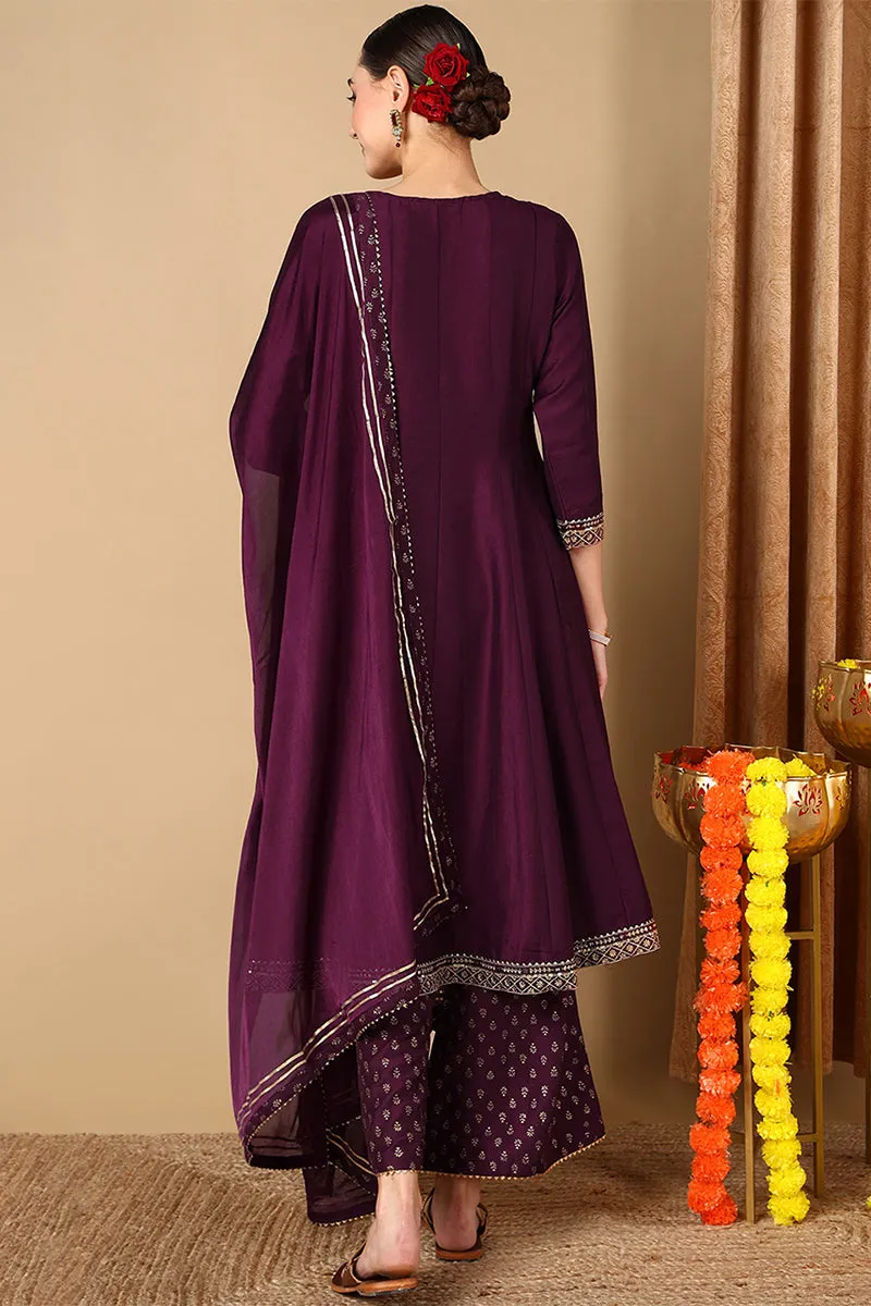 Plus Size Purple Silk Blend Solid Anarkali Style Suit Set