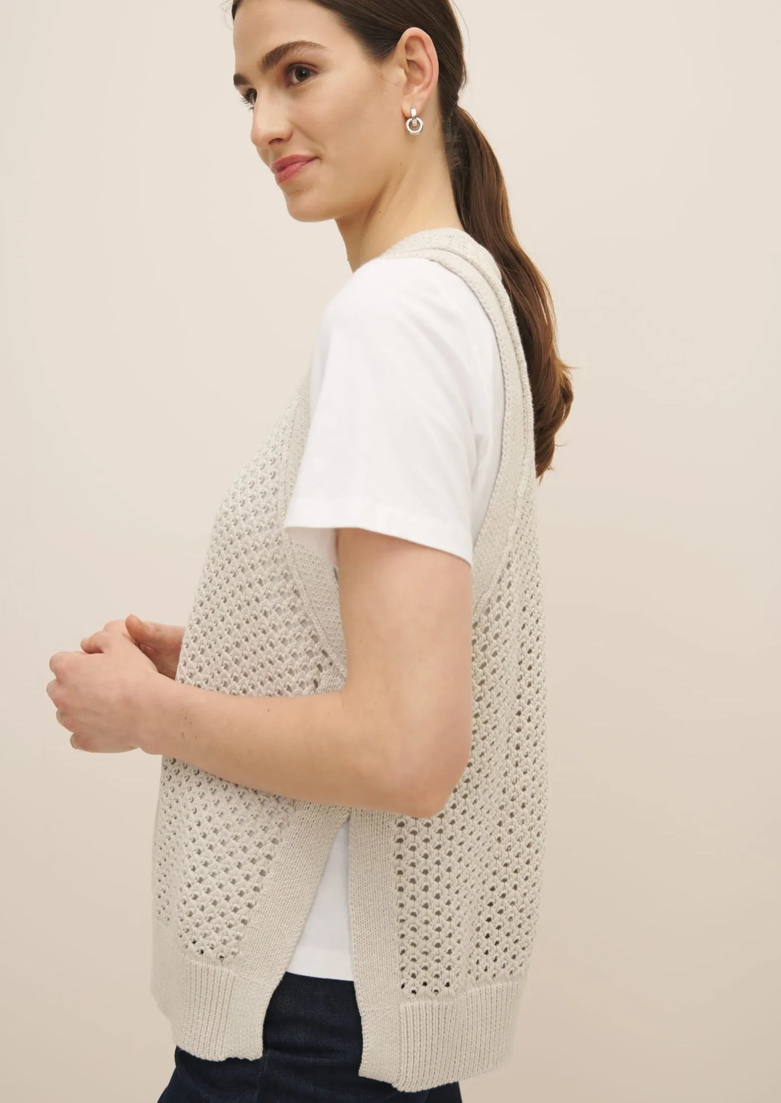 Pointelle Vest, Oat Melange