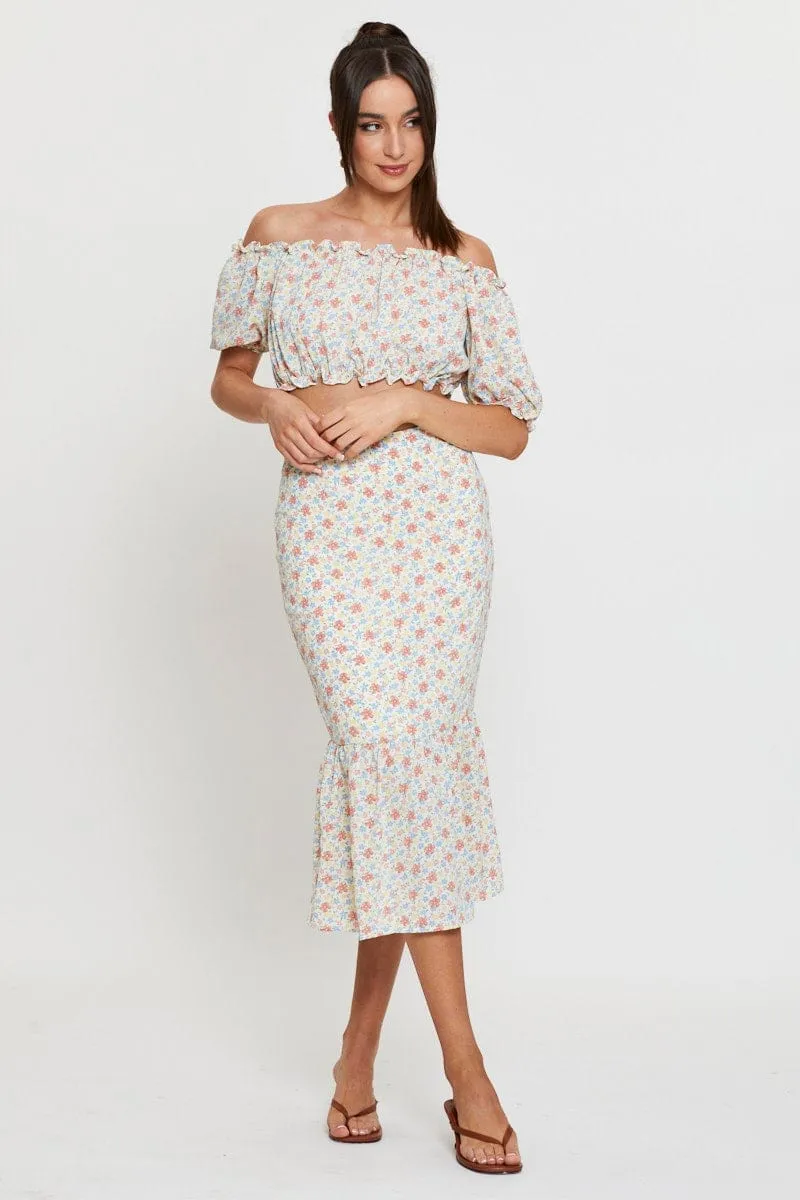 Print Midi Skirt High Waist