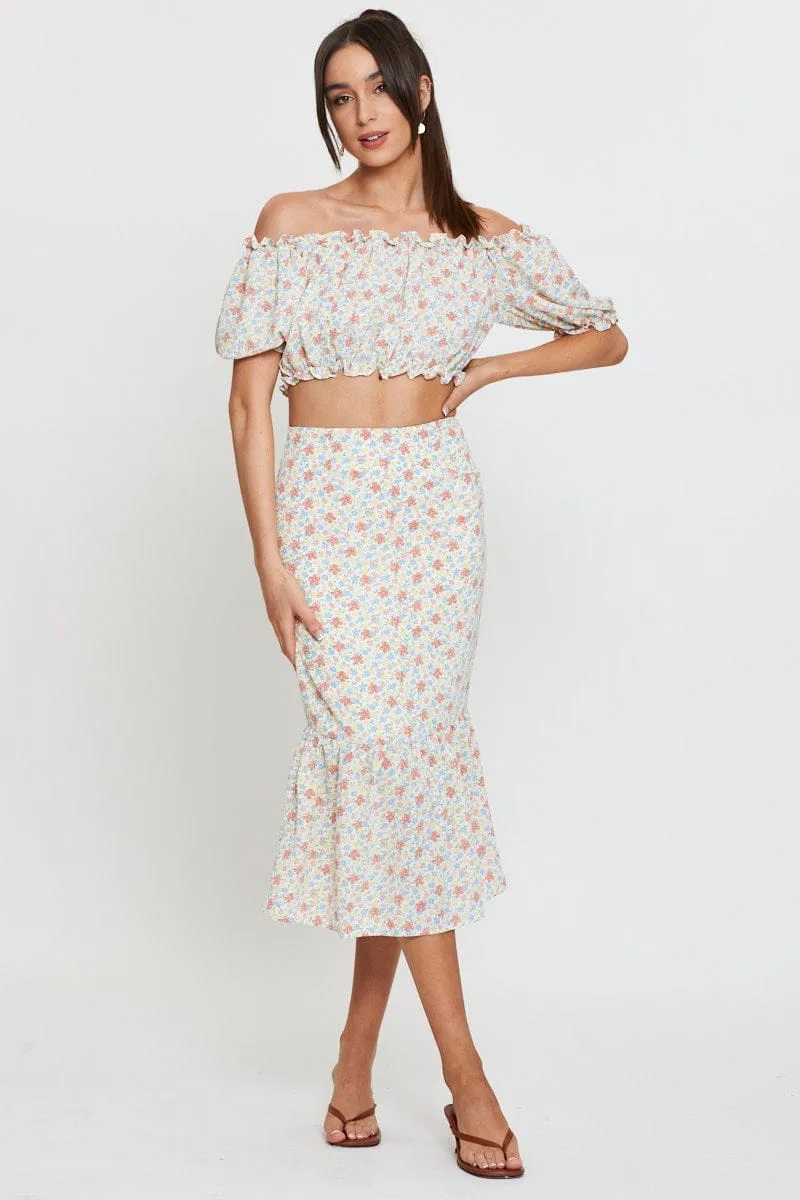 Print Midi Skirt High Waist