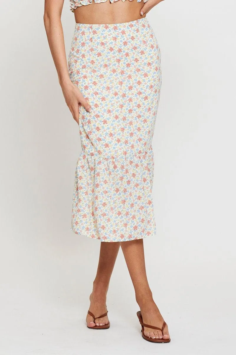 Print Midi Skirt High Waist