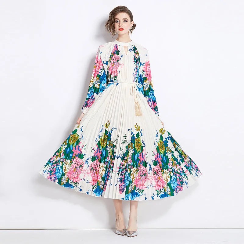 Printed Lantern Sleeve Pleated Tassel Belt Dress