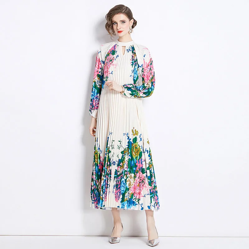 Printed Lantern Sleeve Pleated Tassel Belt Dress