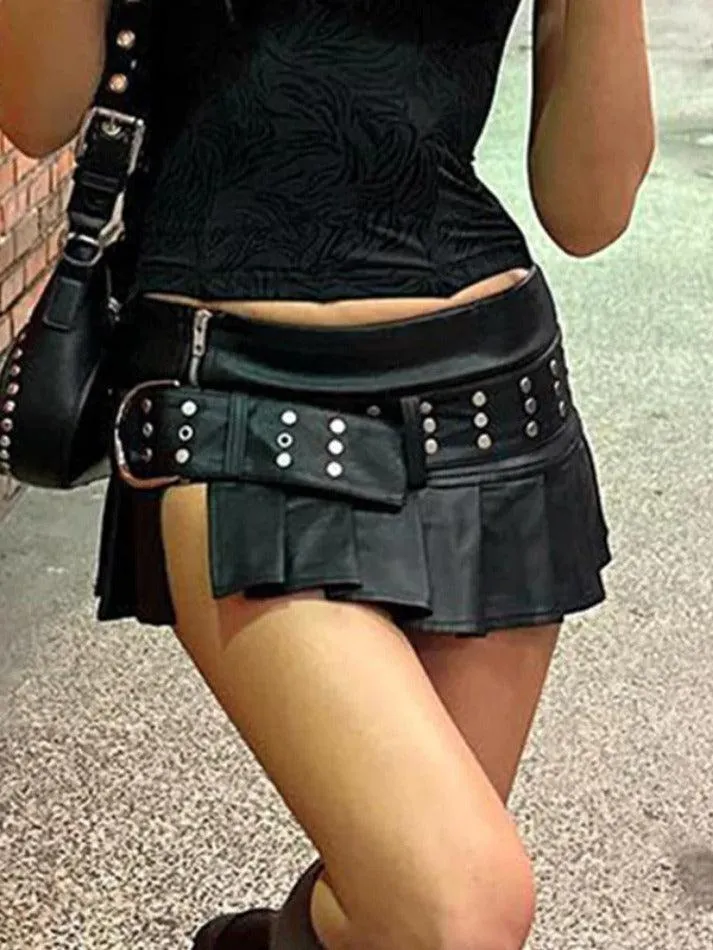 Punk Rivet Belted Pleated Slit Leather Mini Skirt