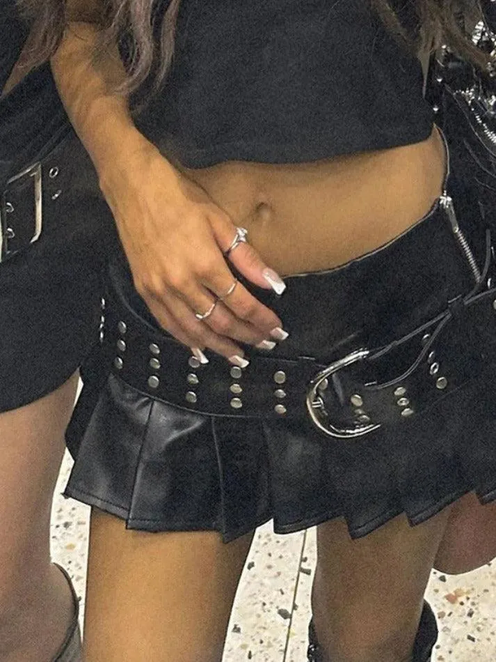 Punk Rivet Belted Pleated Slit Leather Mini Skirt