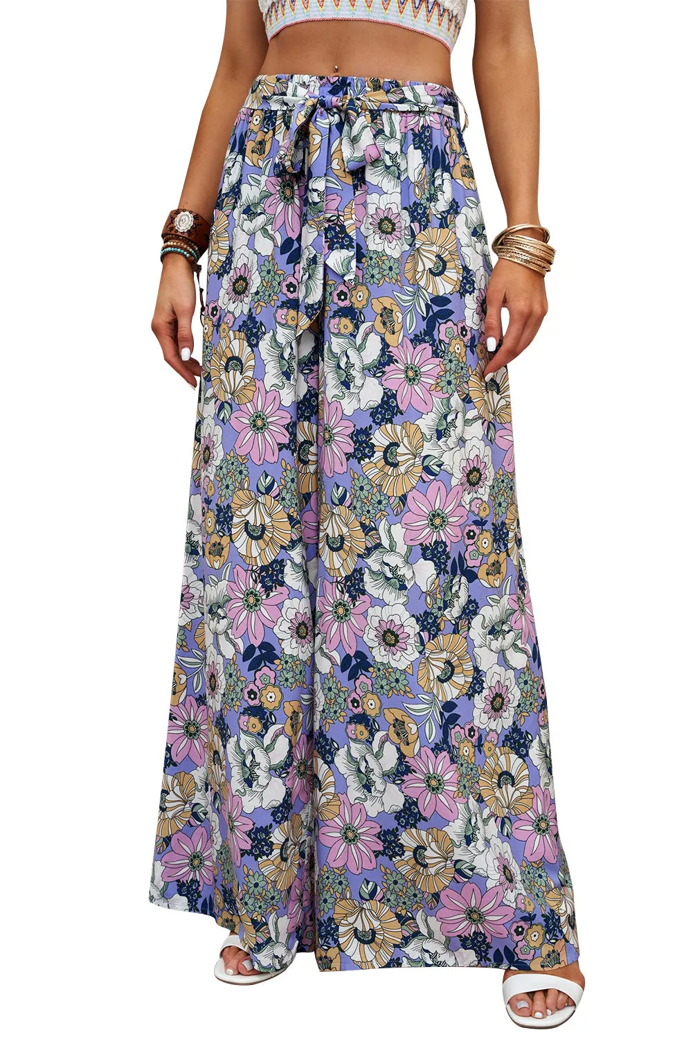 Purple Bohemian Floral Pattern High Waist Flared Pants