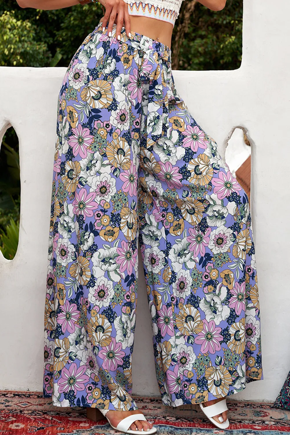 Purple Bohemian Floral Pattern High Waist Flared Pants