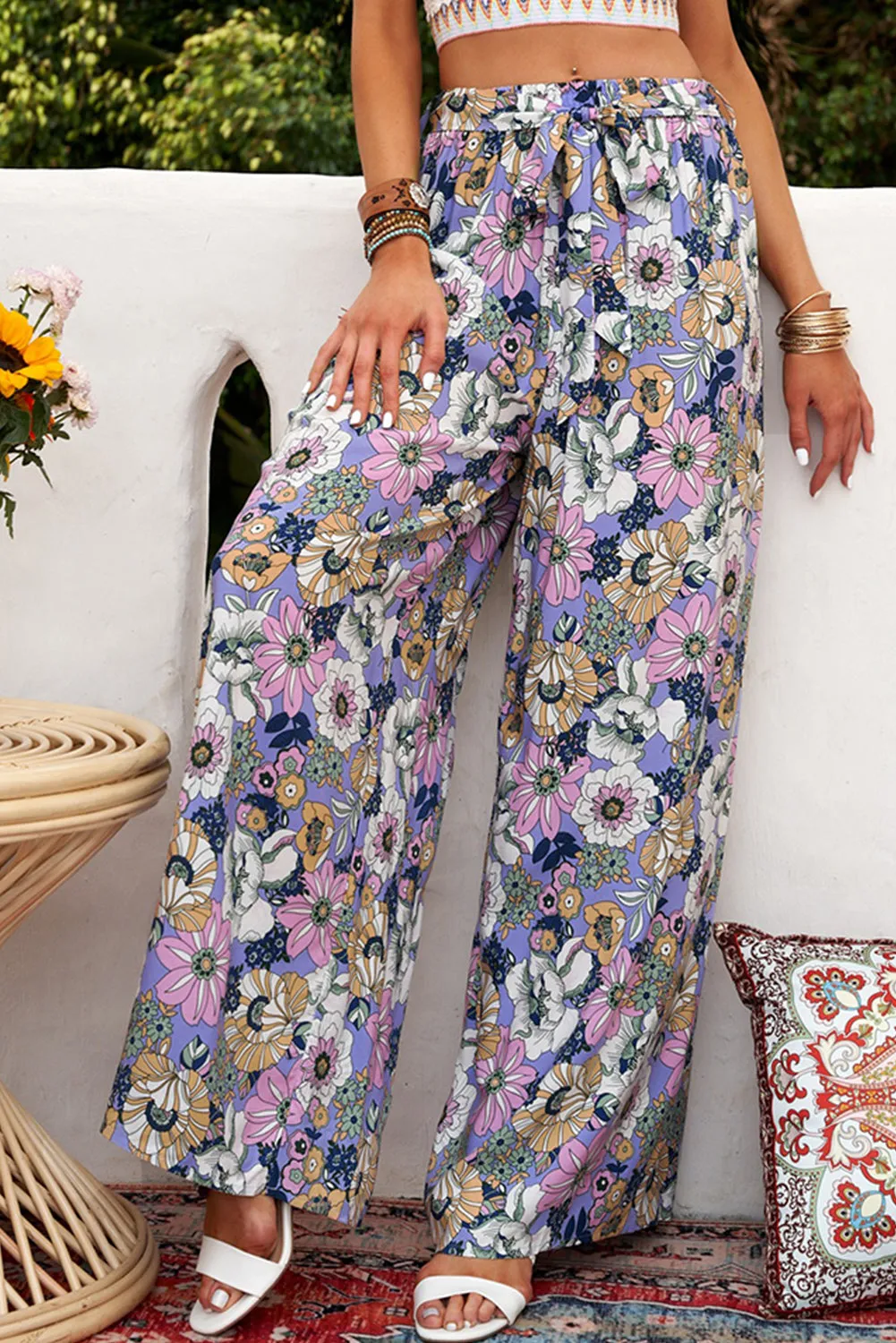 Purple Bohemian Floral Pattern High Waist Flared Pants