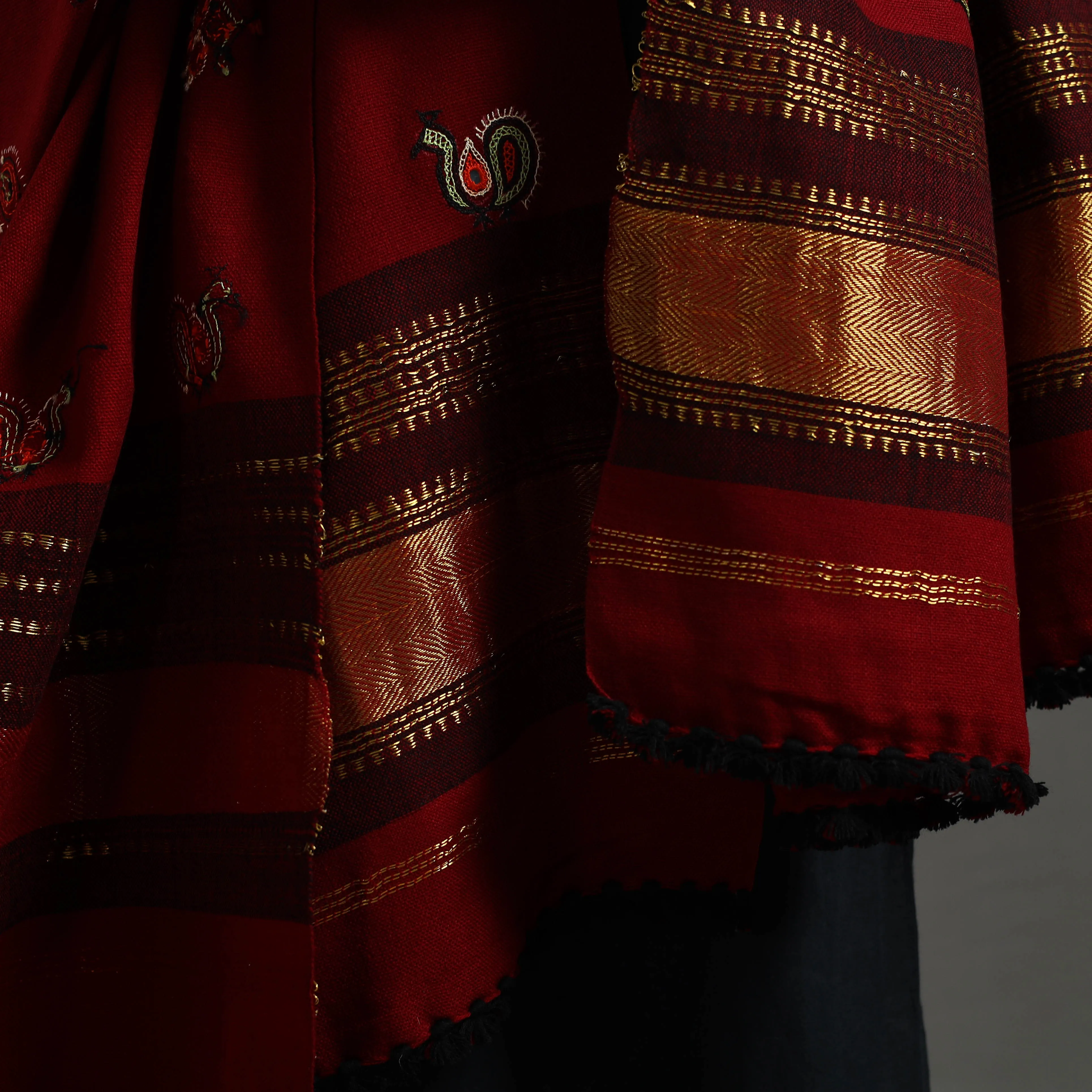 Red - Kutch Ahir Hand Embroidery Woollen Shawl 54