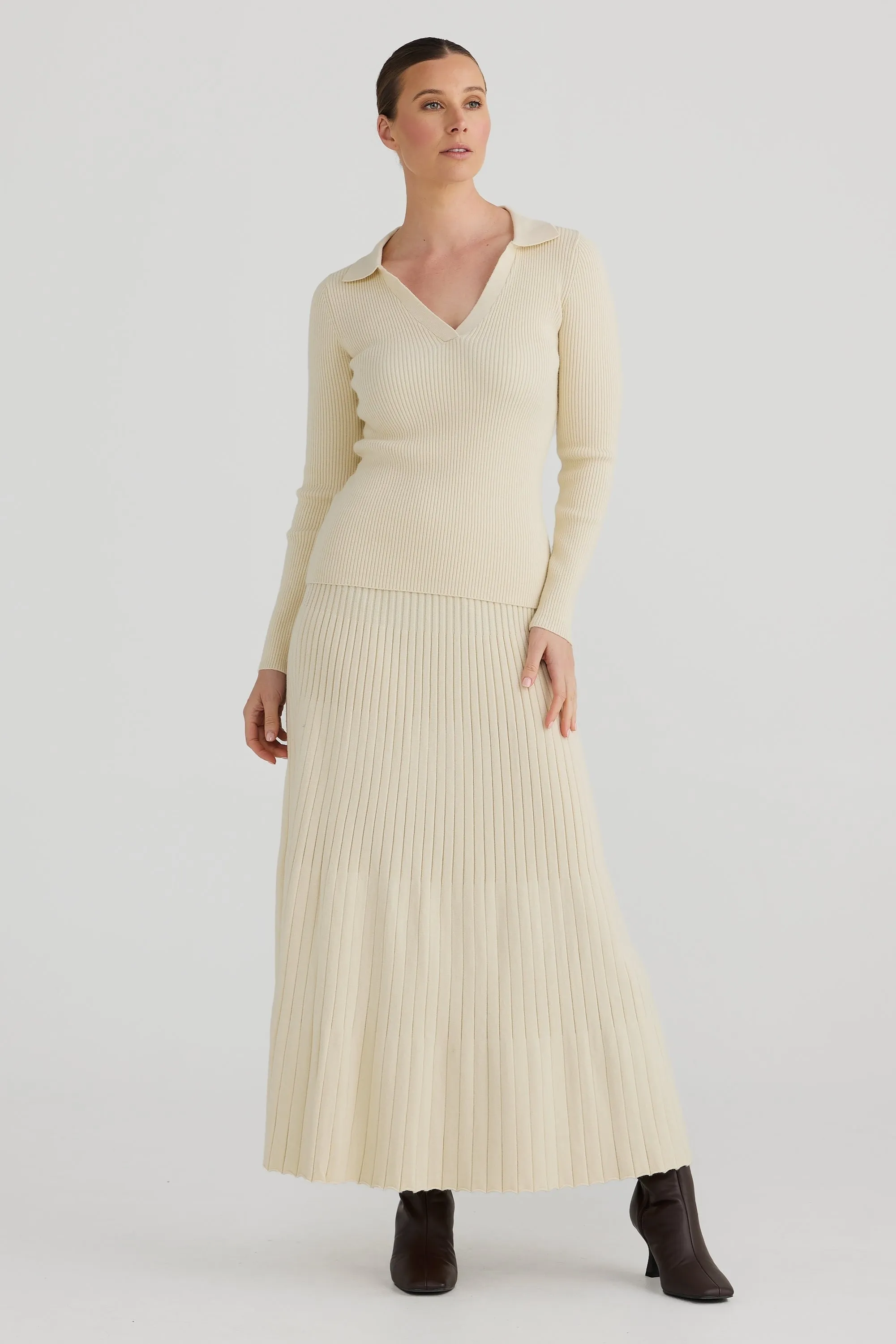 Ribbed Knit Midi Skirt - Bone