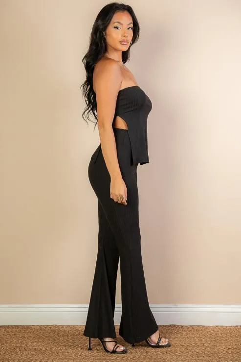 Ribbed Side Slit Bandeau Top & Flare Pants Set