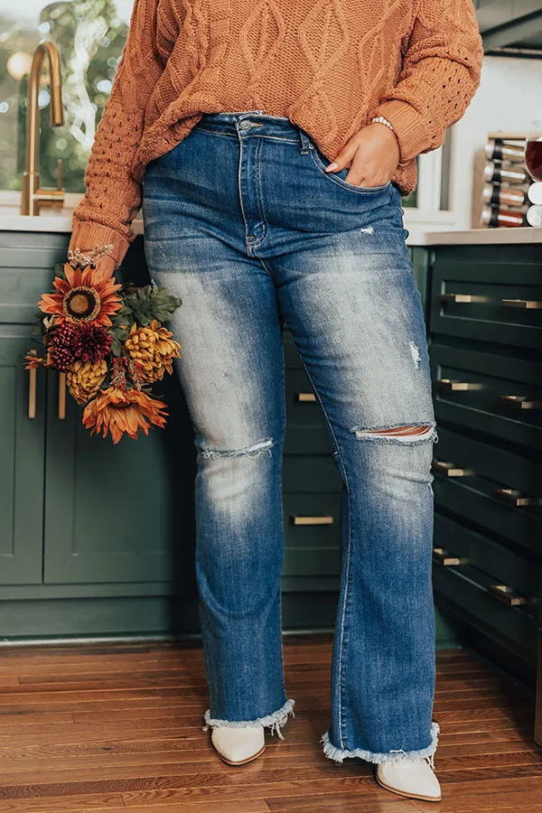 Risen The Bryana High Waist Distressed Flares in Medium Wash Curves