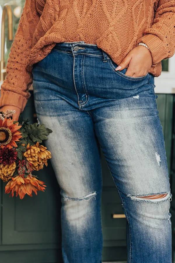 Risen The Bryana High Waist Distressed Flares in Medium Wash Curves