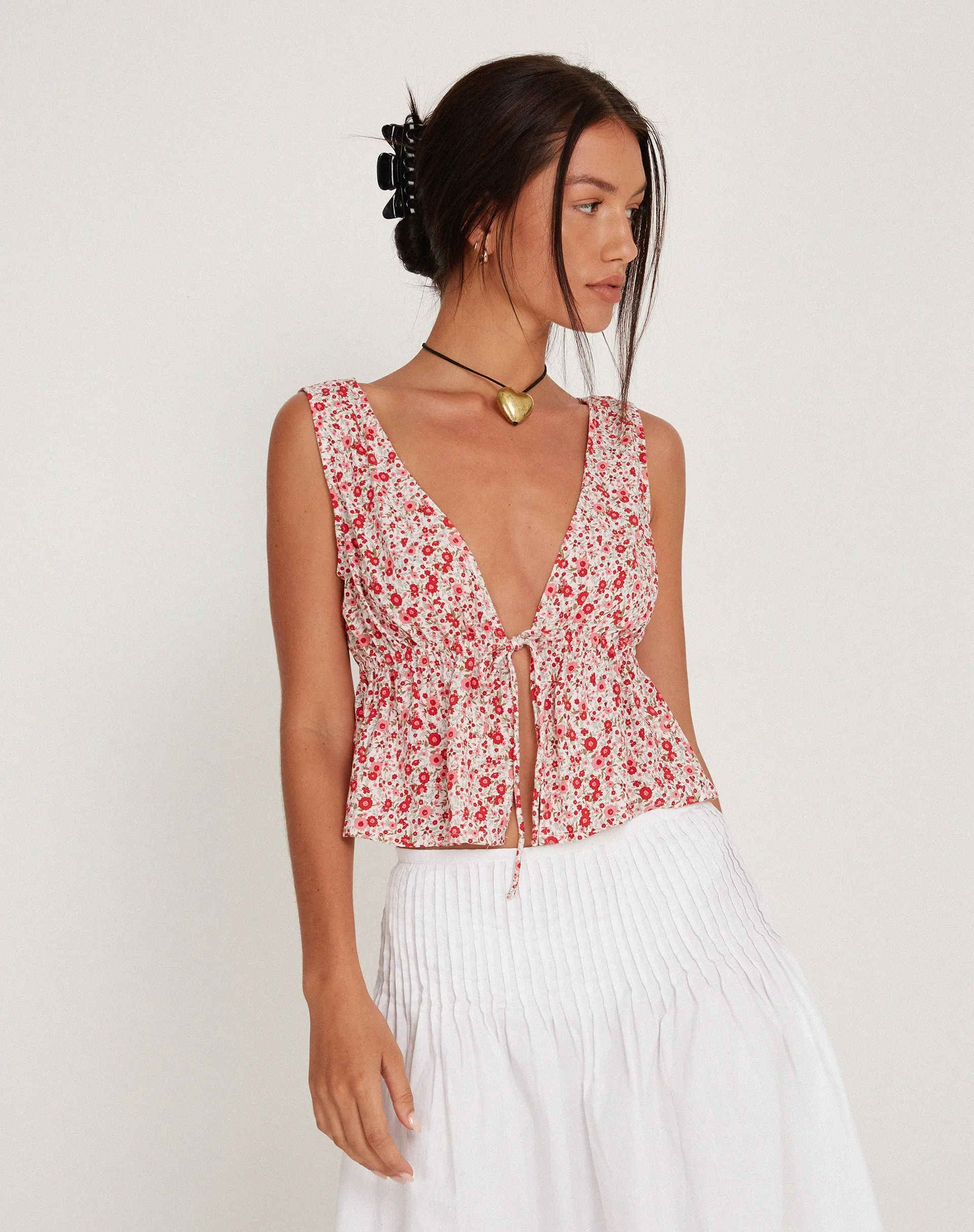 Rolia Tie Front Top in Ditsy Floral Blush Red