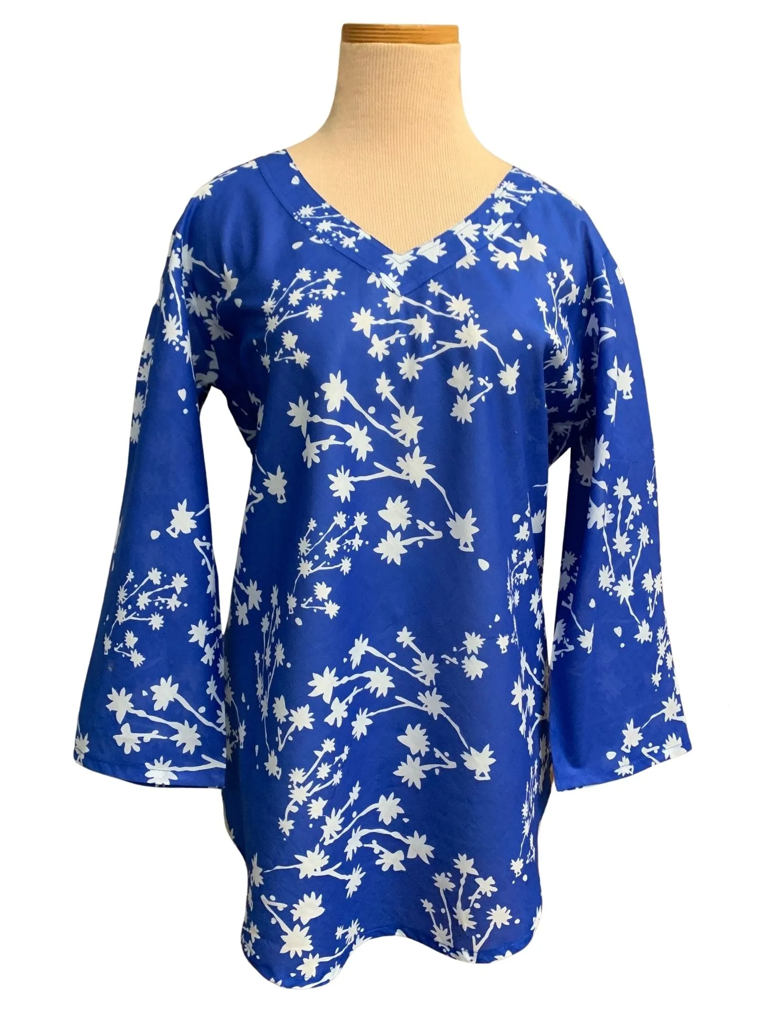 Royal Blue Petite Floral  3/4 Sleeve V Neck KikiSol Top