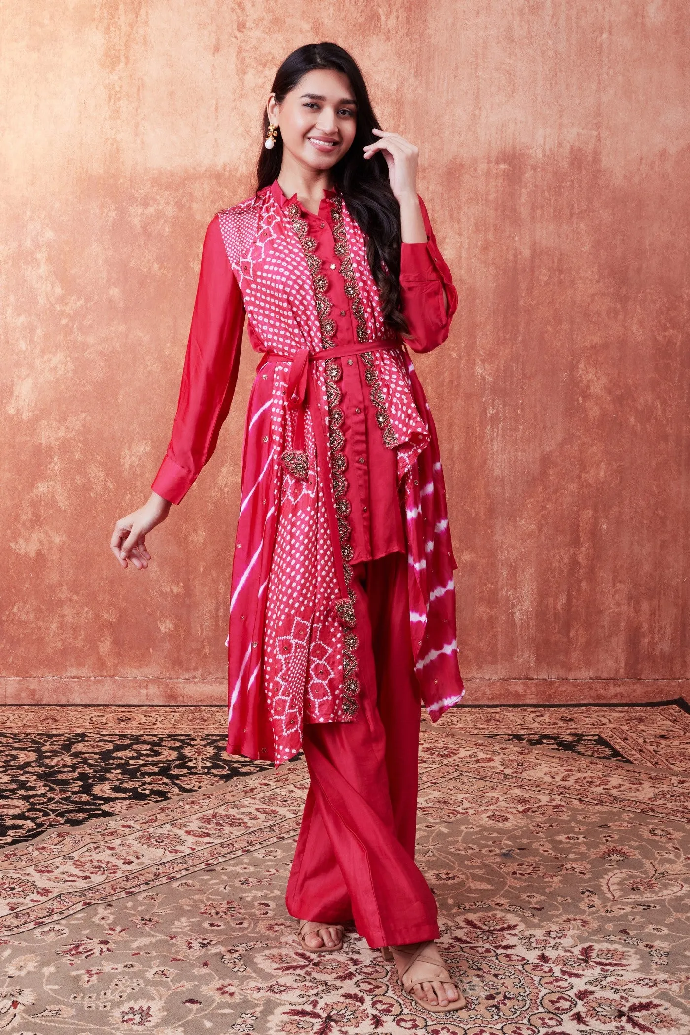 Rustic Red Bandhej Printed Embellished Cape-Set