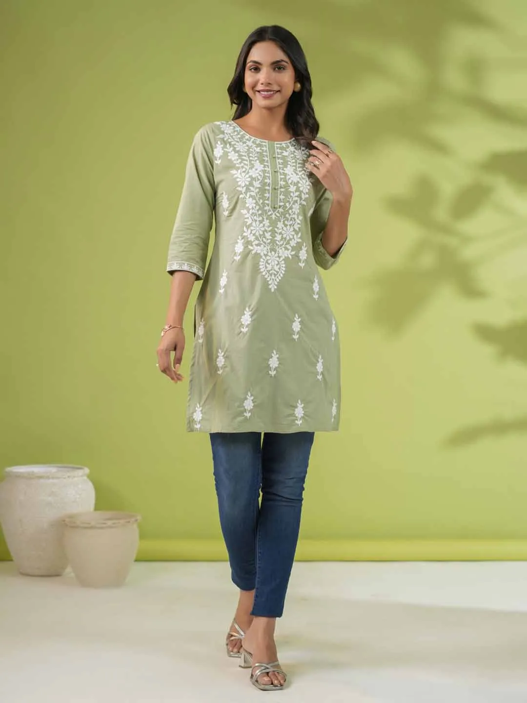 Sage Cotton Chikankari Tunic