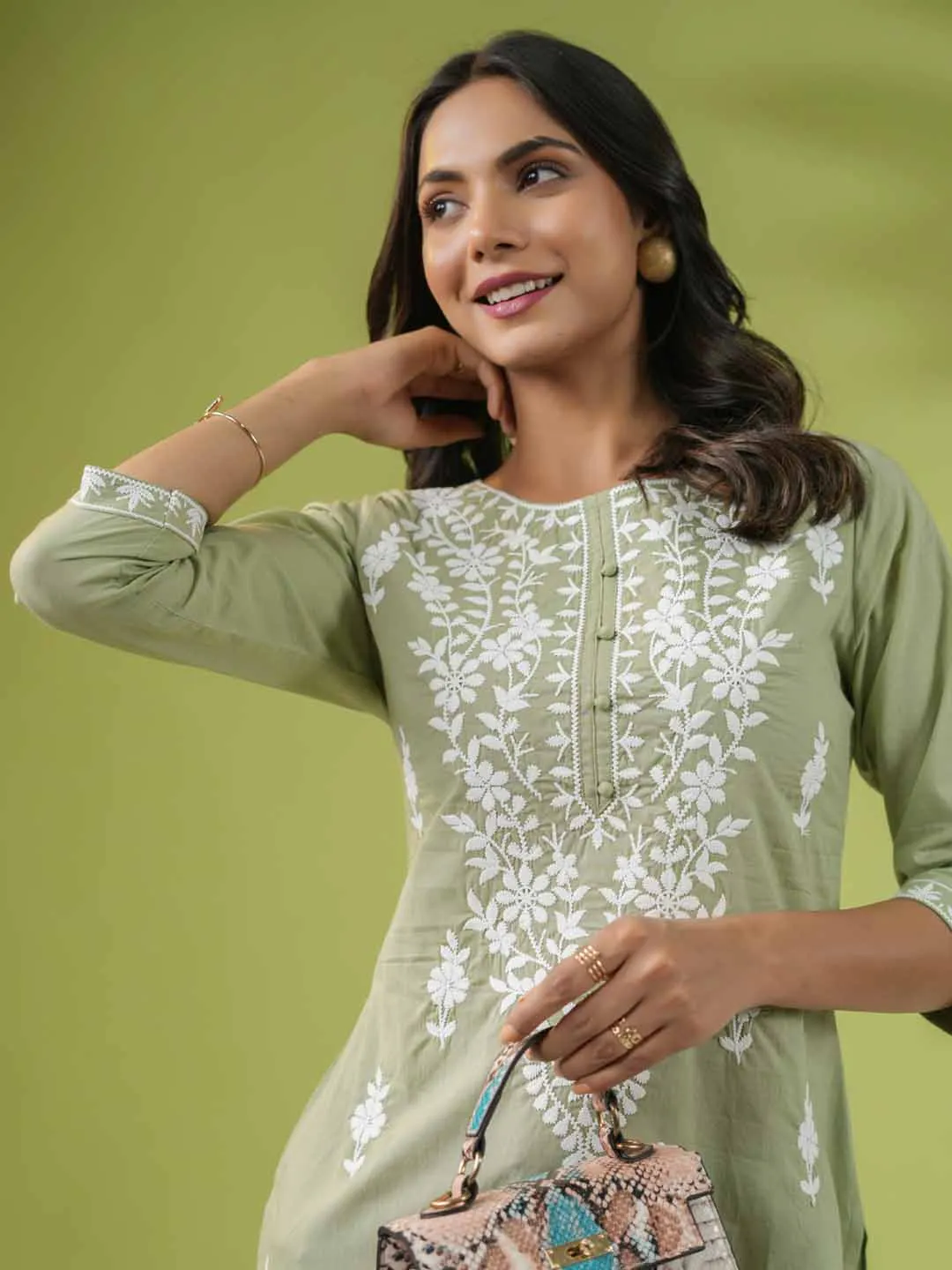 Sage Cotton Chikankari Tunic