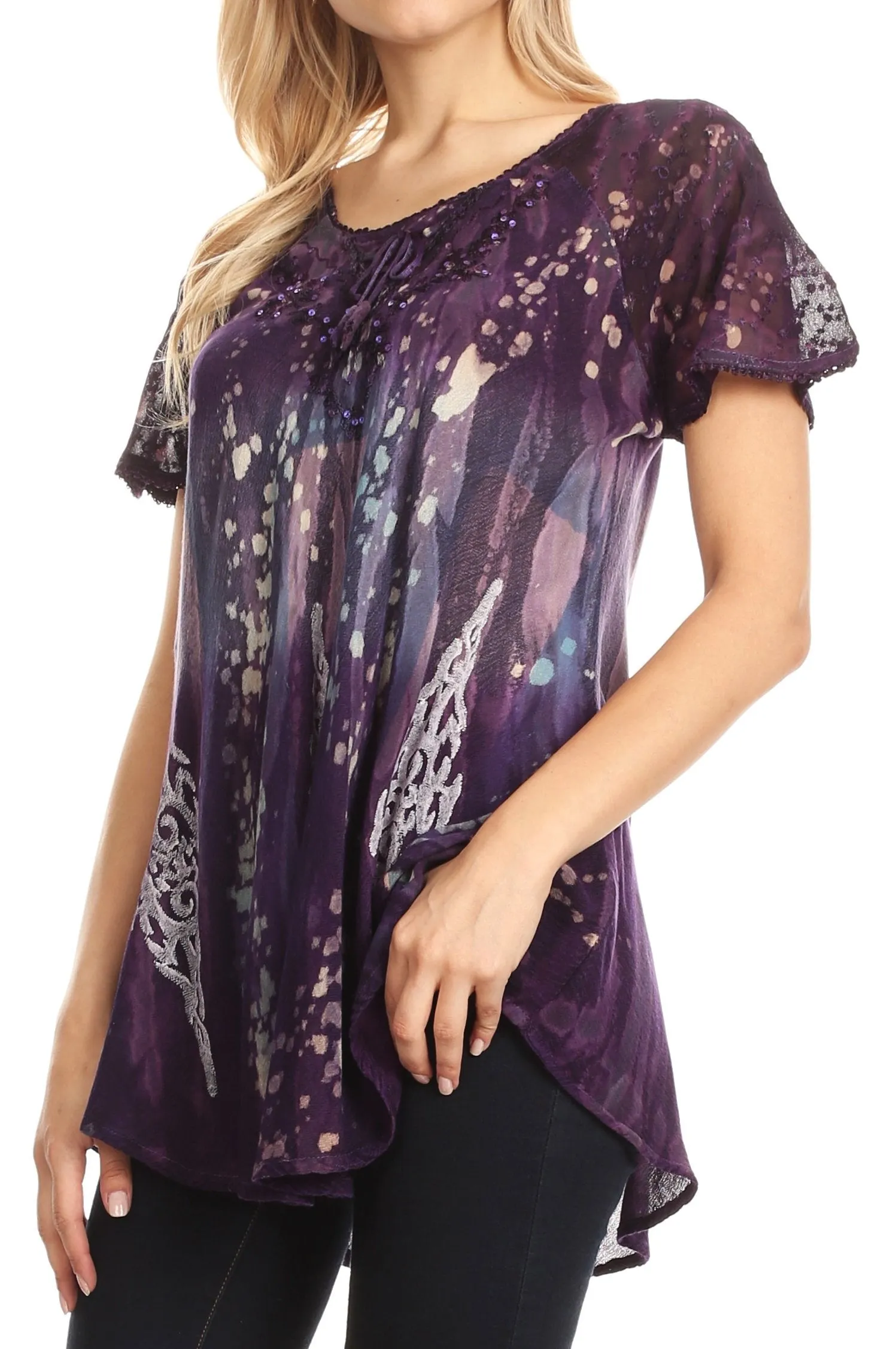 Sakkas Jannat  Short Sleeve Casual Work Top Blouse in Tie-Dye with Embroidery Lace