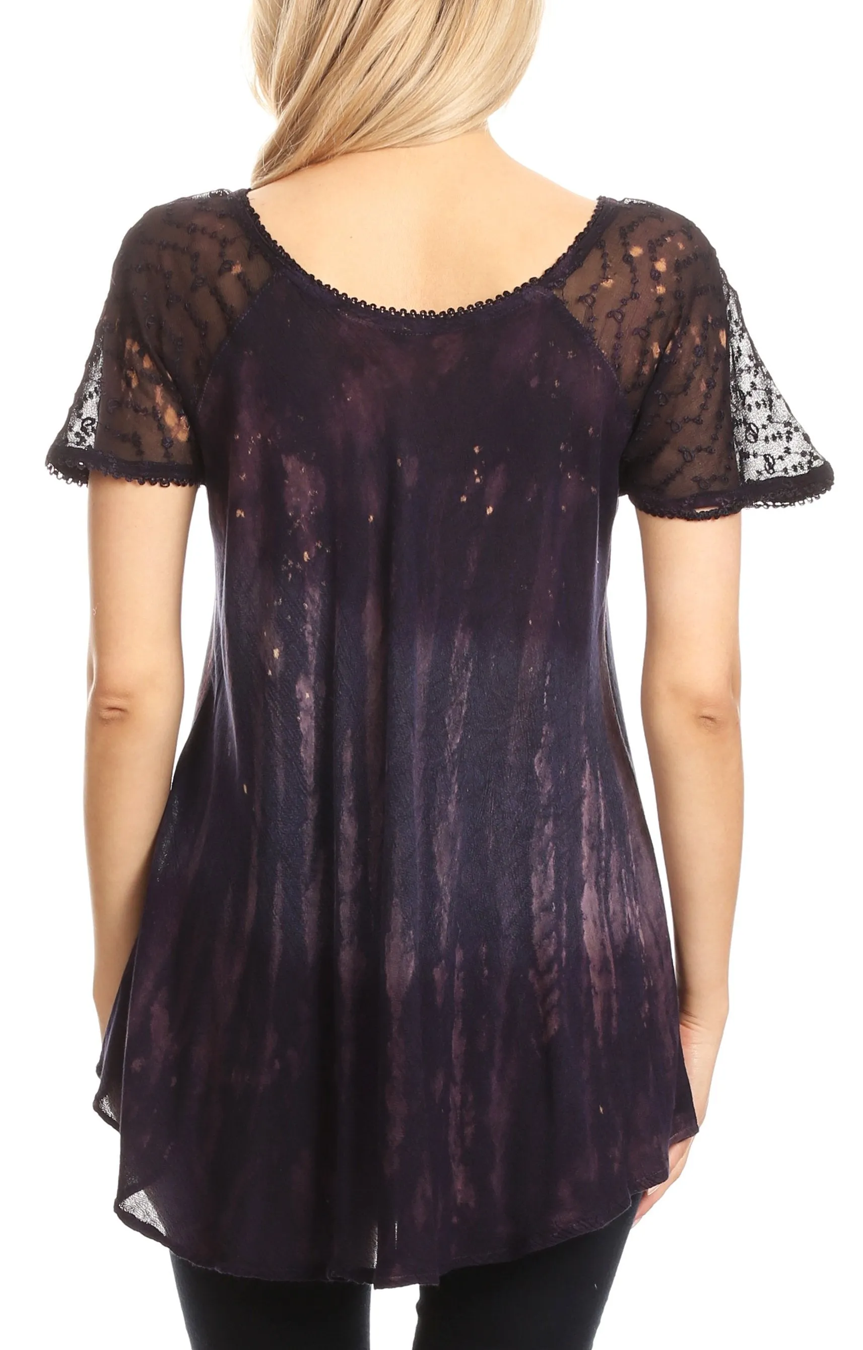 Sakkas Jannat  Short Sleeve Casual Work Top Blouse in Tie-Dye with Embroidery Lace