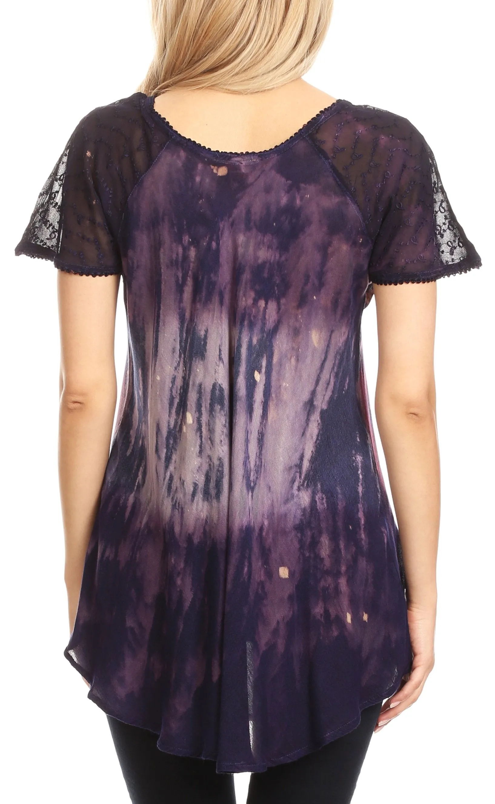 Sakkas Jannat  Short Sleeve Casual Work Top Blouse in Tie-Dye with Embroidery Lace