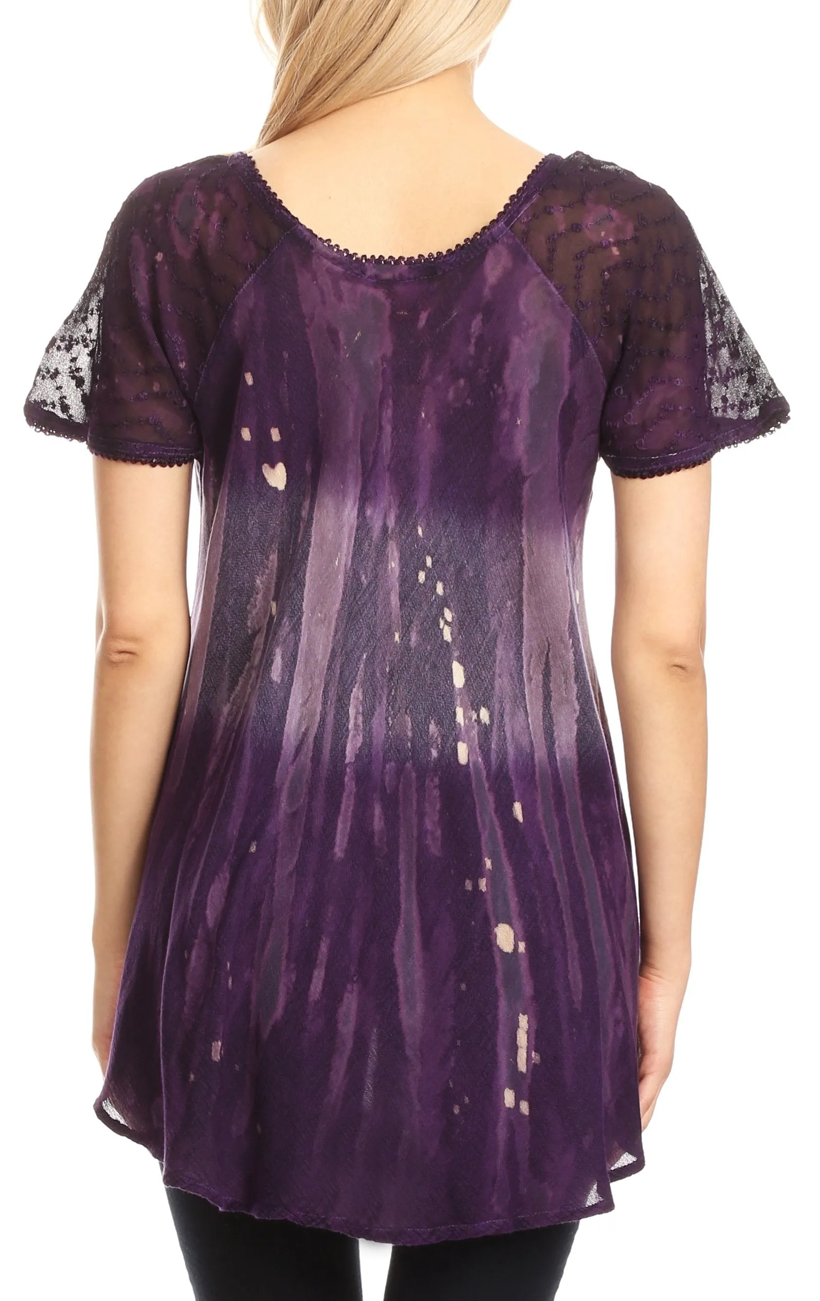 Sakkas Jannat  Short Sleeve Casual Work Top Blouse in Tie-Dye with Embroidery Lace