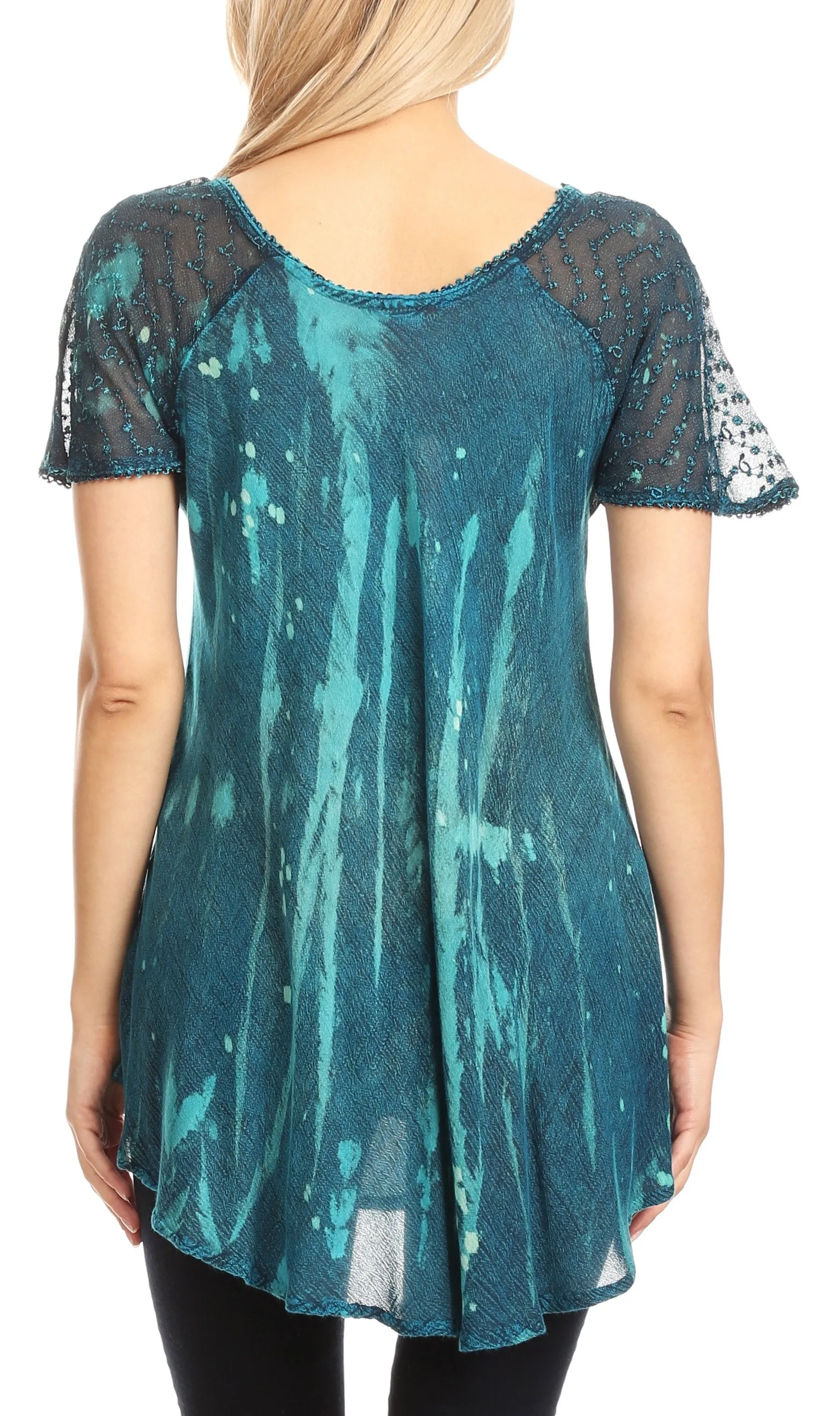 Sakkas Jannat  Short Sleeve Casual Work Top Blouse in Tie-Dye with Embroidery Lace