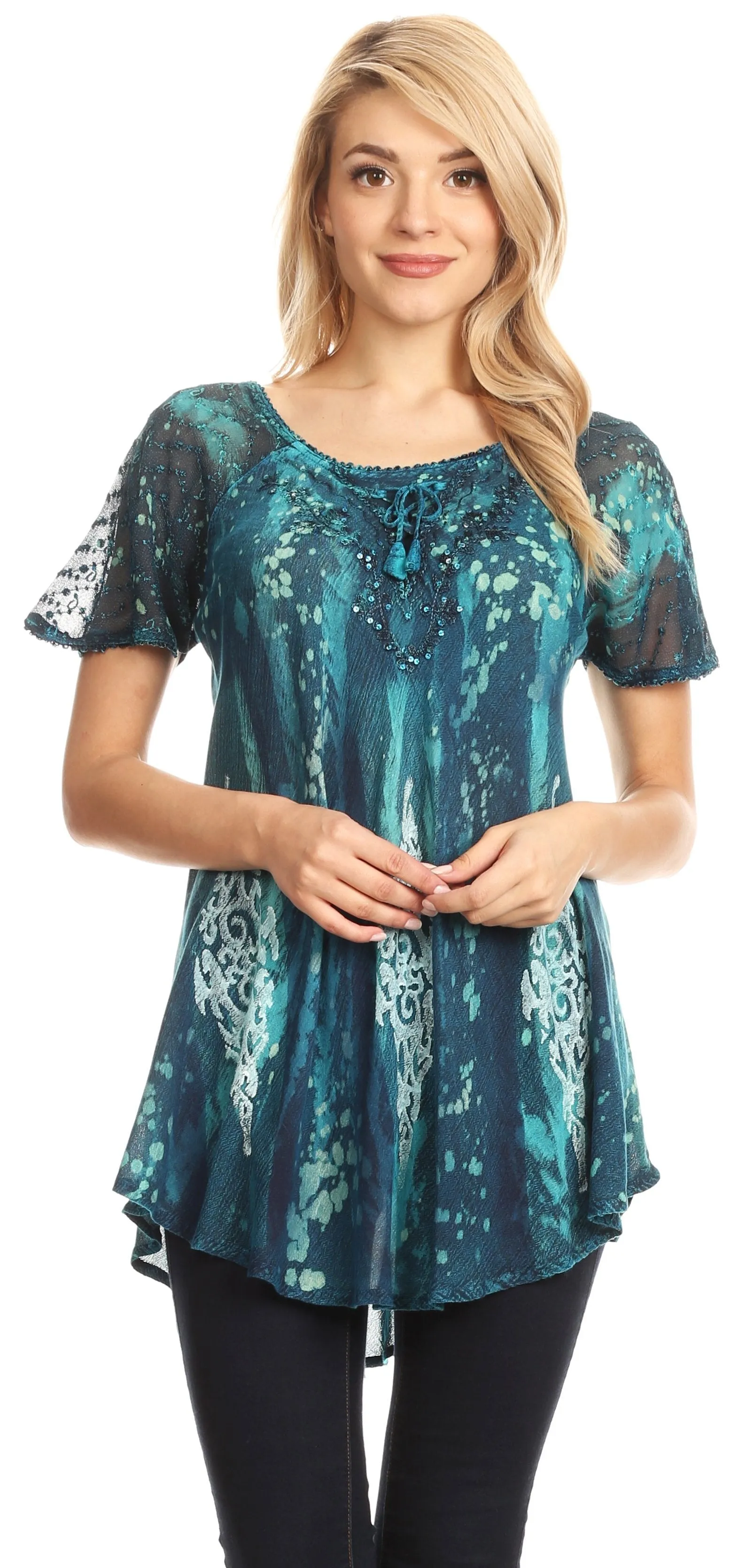 Sakkas Jannat  Short Sleeve Casual Work Top Blouse in Tie-Dye with Embroidery Lace