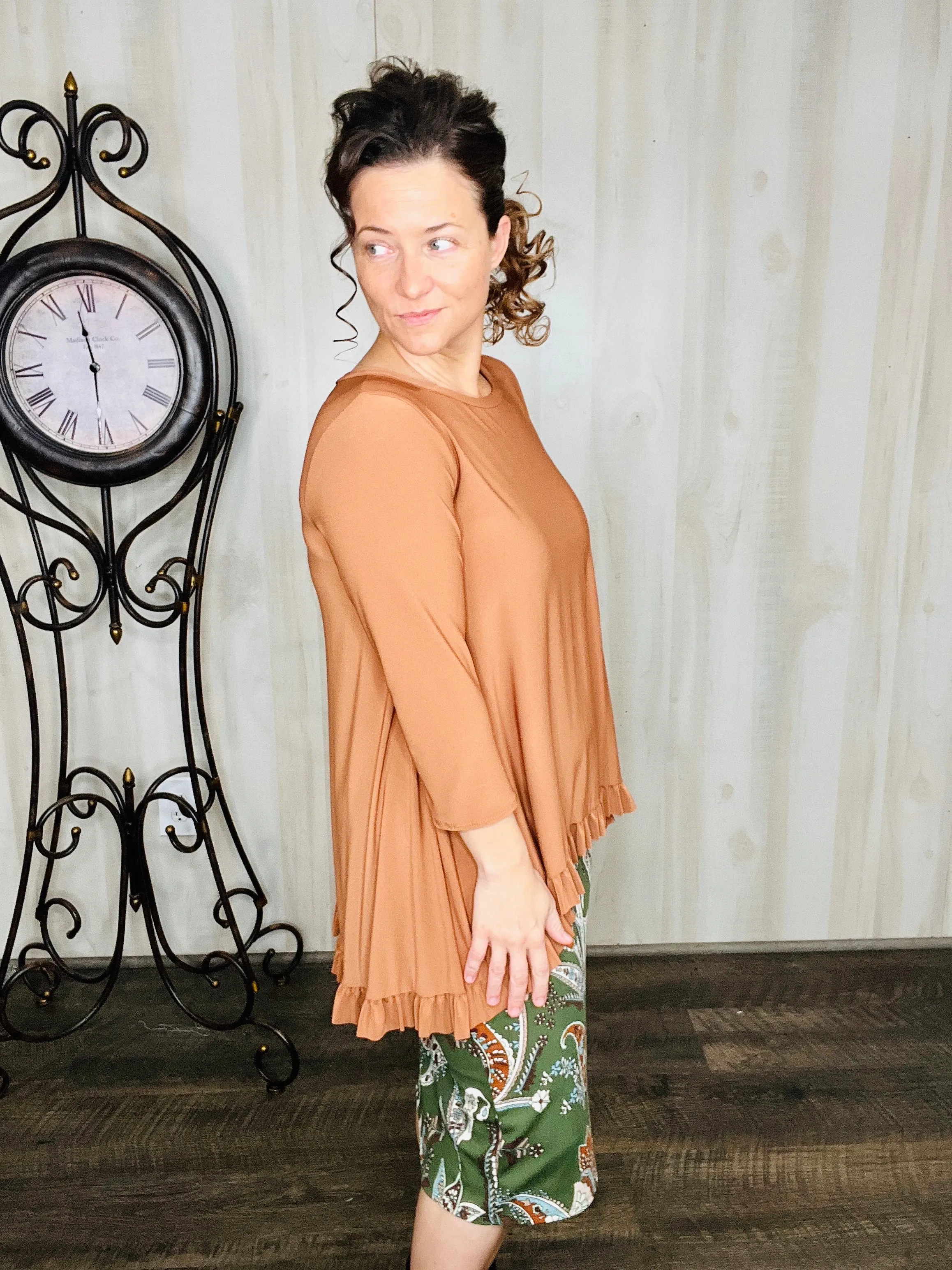 Samantha Ruffle High-Low Tunic-Copper Bronze