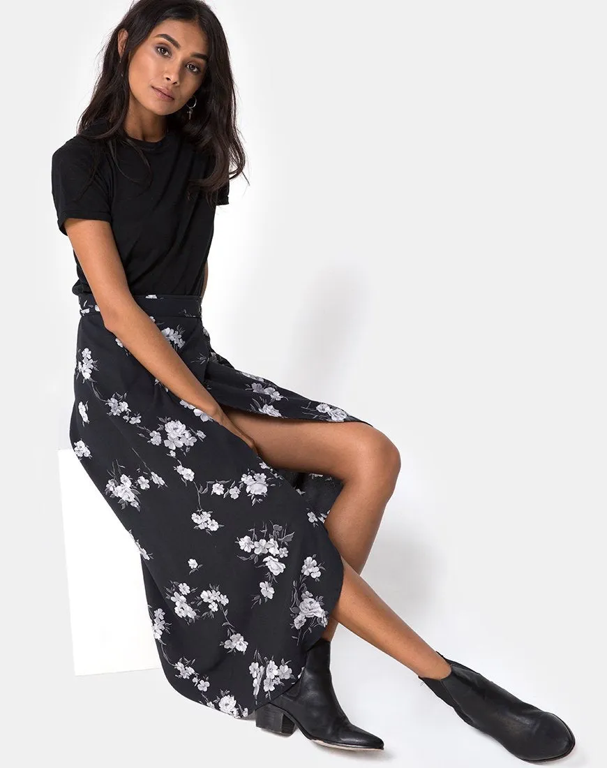 Satha Midi Skirt in Mono Flower Black