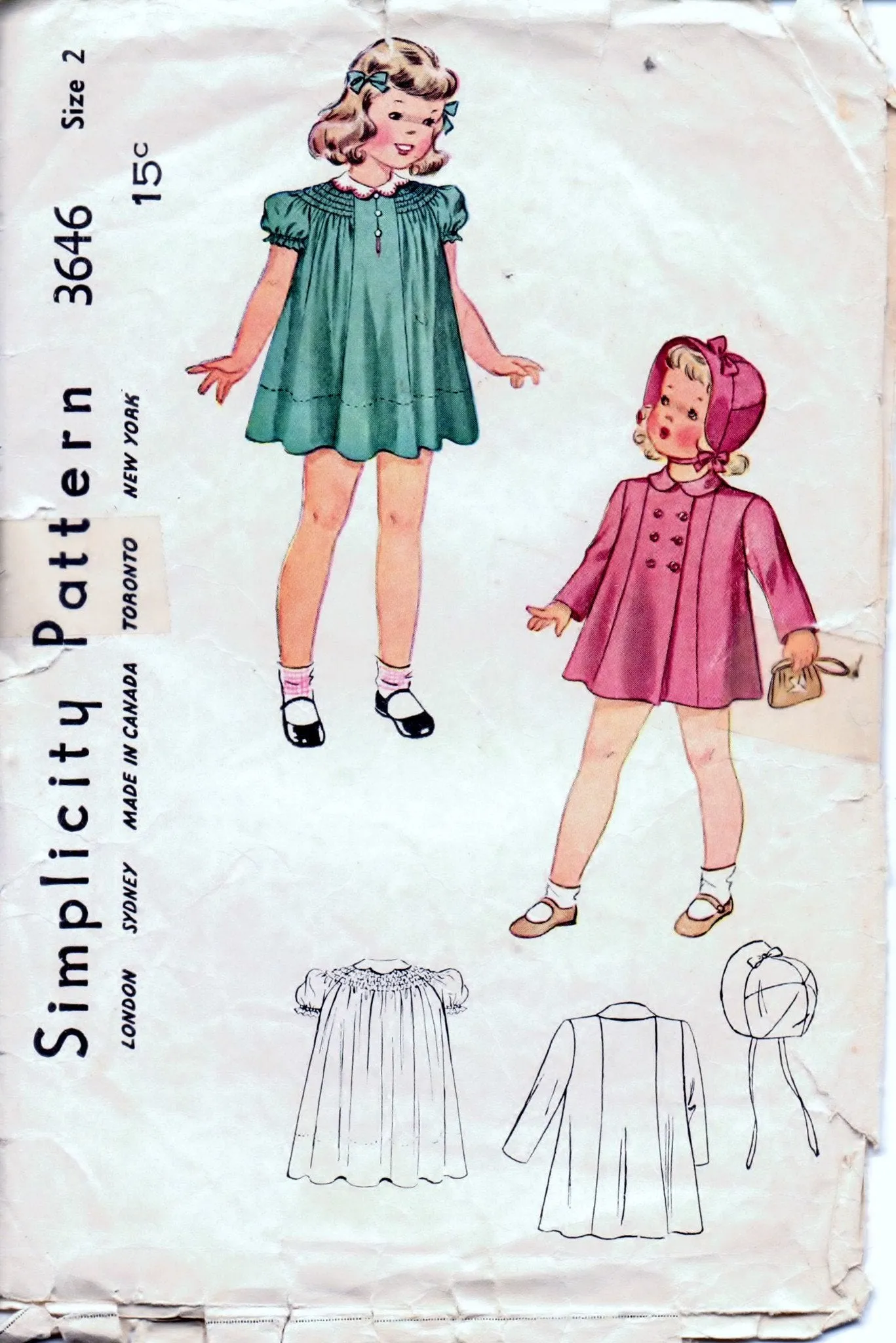 Simplicity 3646 Toddler Little Girls  Dress Coat Hat Vintage 1940's Sewing Pattern Unprinted