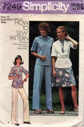 Simplicity 7249 Womens Pullover Top Skirt & Pants 1970s Vintage Sewing Pattern Size 10