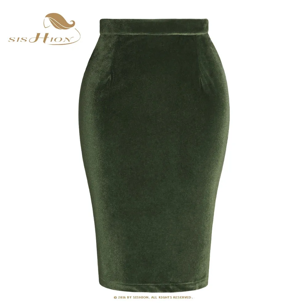 SISHION Army Green Velvet Autumn Winter Skirt for Women SS0028 Midi Length Fashion Office Ladies Work Party Pencil Skirts