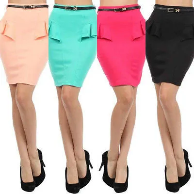 Skirt Pencil Peplum Ponte High Waist Belted Skinny Belt Bow Peach Mint