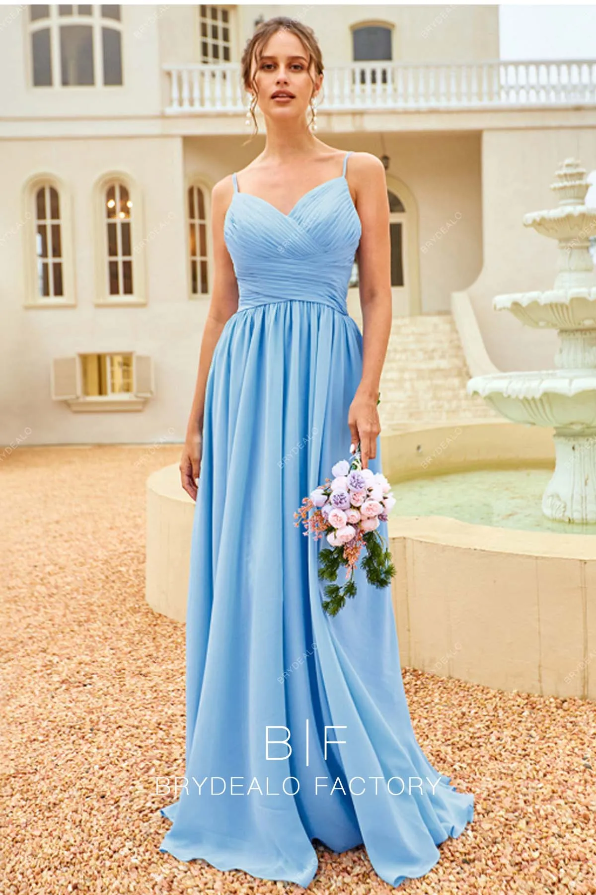 Sky Blue Pleated Chiffon Thin Straps Elegant Long Dress