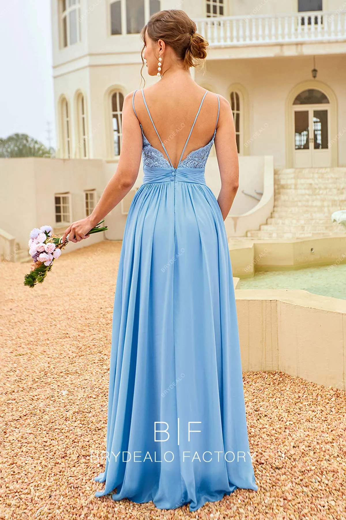 Sky Blue Pleated Chiffon Thin Straps Elegant Long Dress