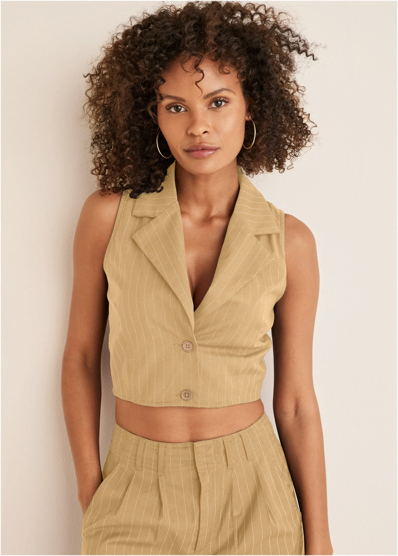 Sleeveless Cropped Suit Set - Camel