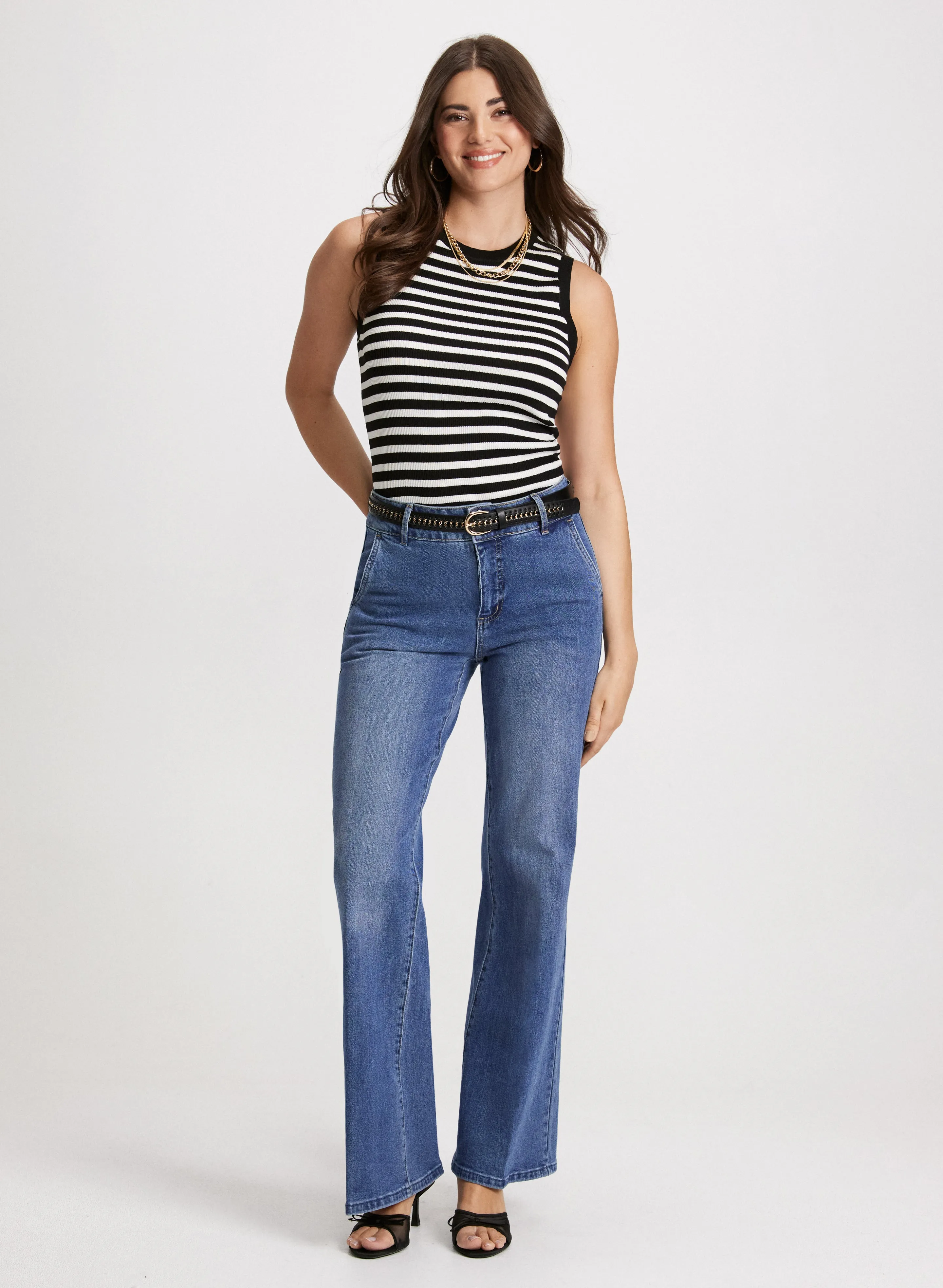 Sleeveless Striped Top & High-Rise Flared Denim Pants