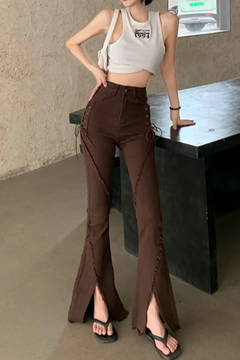 Slit Raw Edge Strappy Flared High Waist Wide Leg Jeans