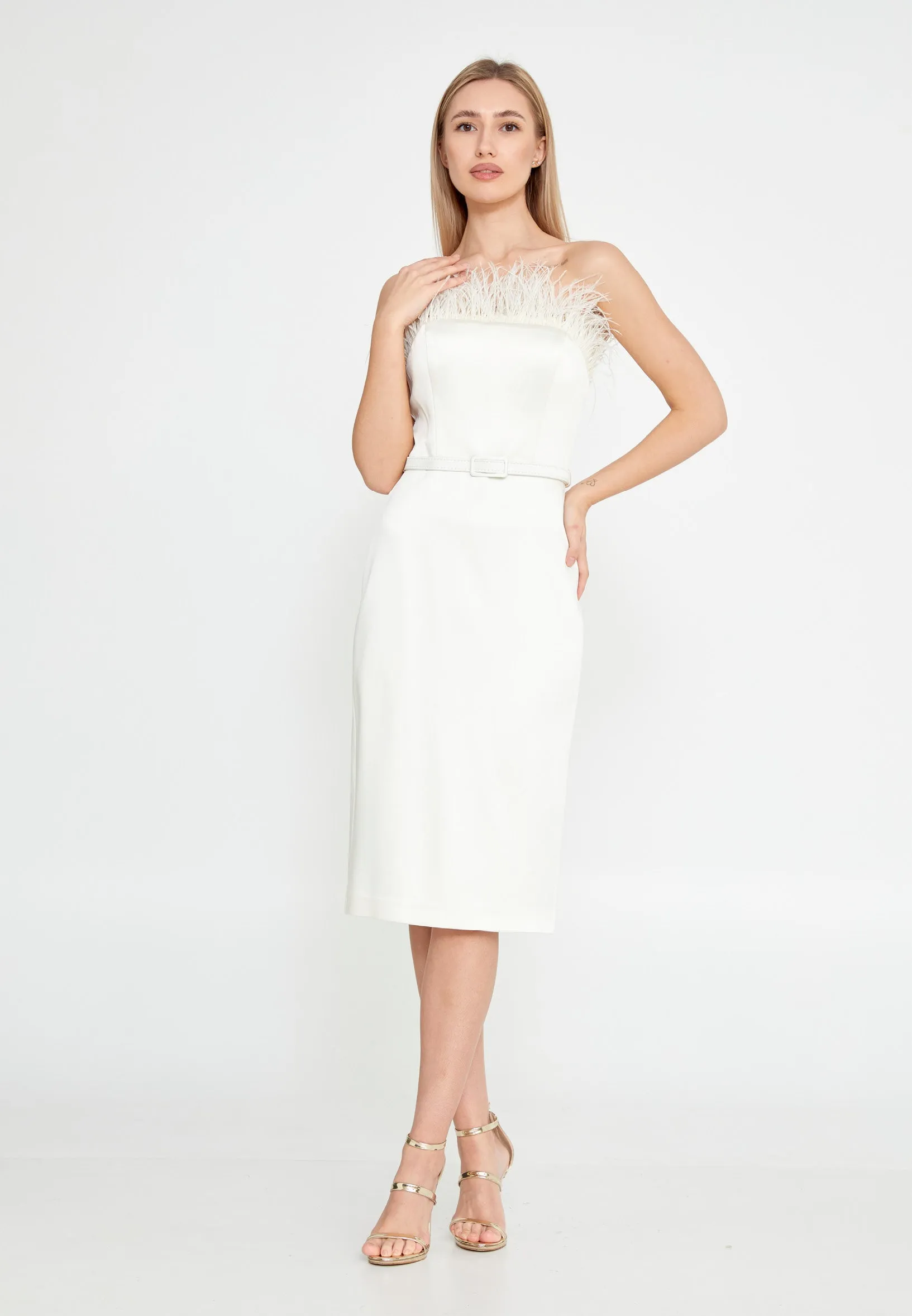 Strapless Midi Satin Pencil Skirt  with Feather Collar Regular Cocktail Dress - White