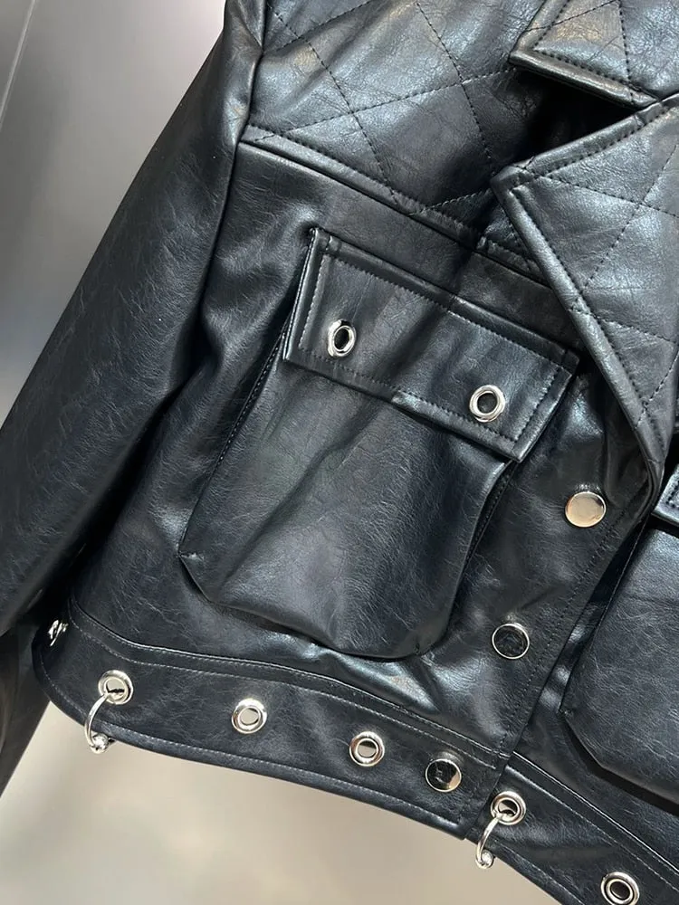 Streetwear Autumn Jacket For Women Lapel Long Sleeve Patchwork Rivet PU Leather Black Jackets Female Clothing