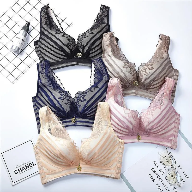 Stripes Lace Push-Up Seamless Breathable Zipper Bra