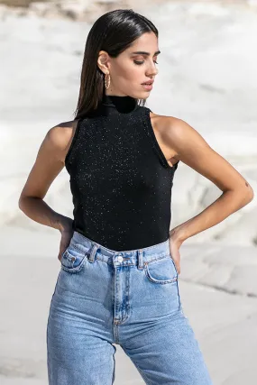 Sun Sea & Roses – Calypso High Neck Glitter Top Black