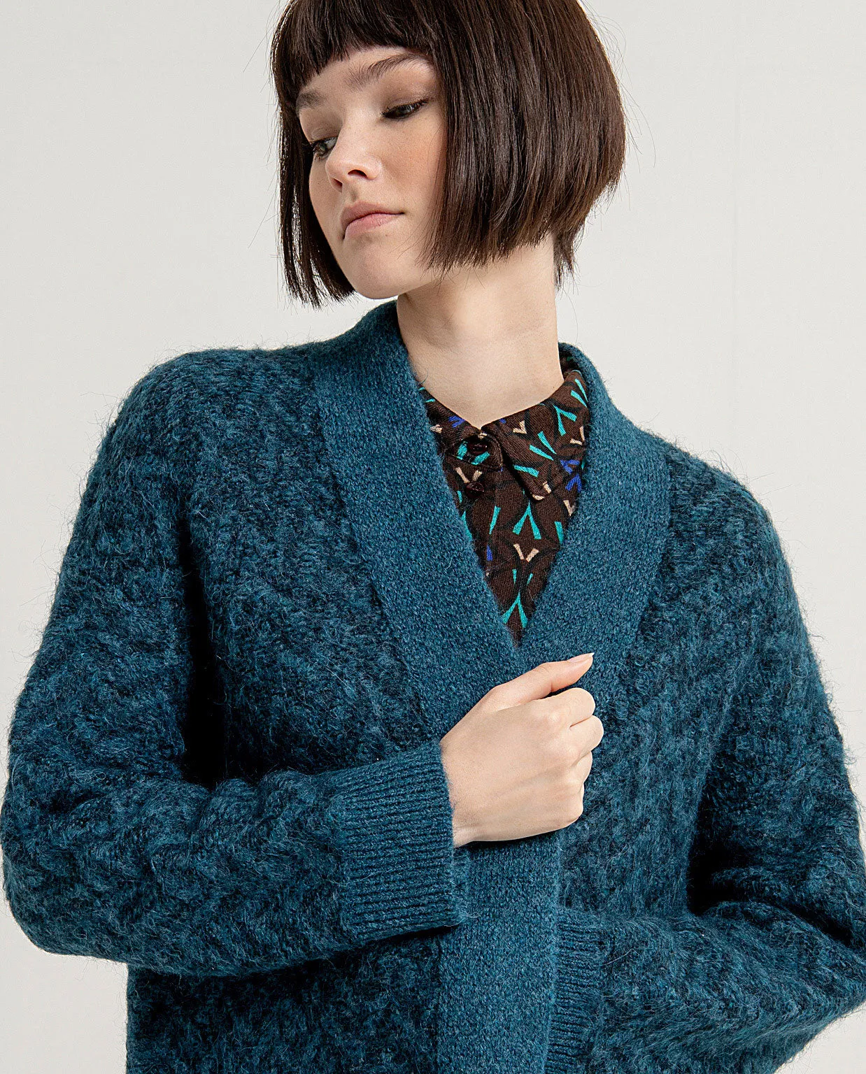 Surkana jacquard knitted jacket open blue