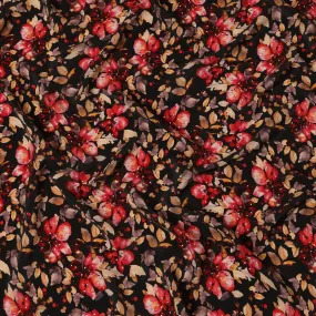 Synthetic Crepe Fabric with Stone Work - Bold Red and Gold Floral on Black Background, 110 cm Width-D20647