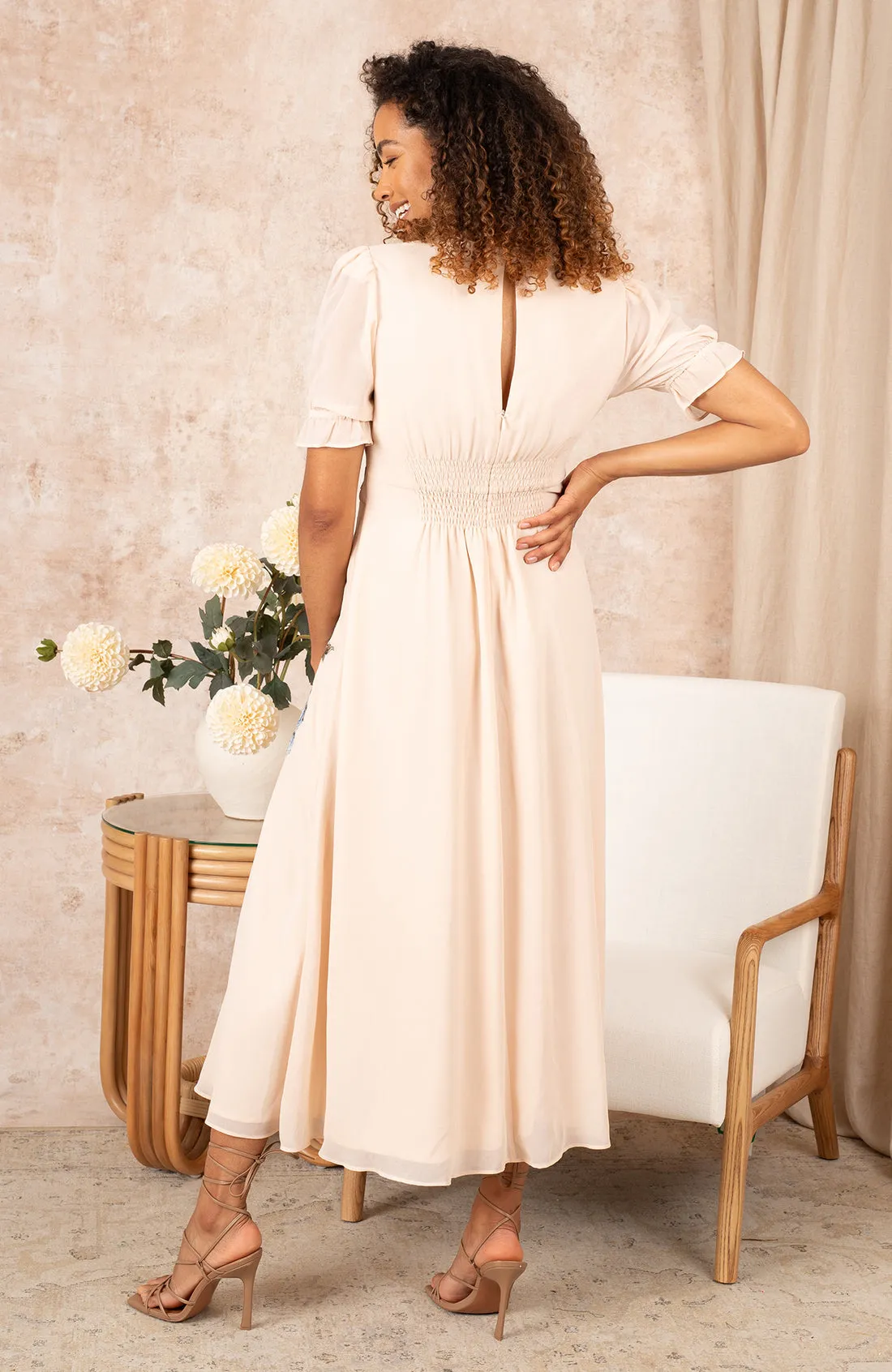 THE CELIA EMBROIDERED PUFF SLEEVE MIDI DRESS (IVORY)