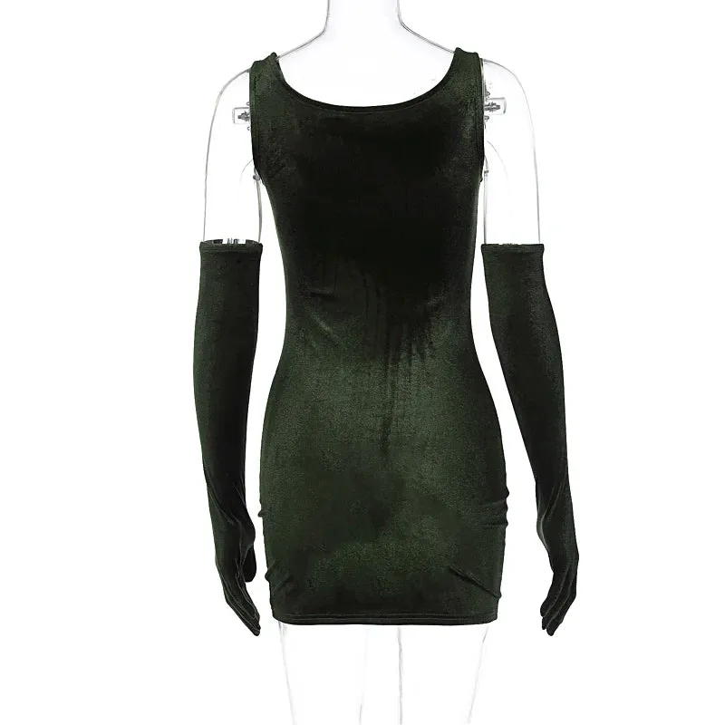 Trendy Green Velvet Party Dress & Gloves