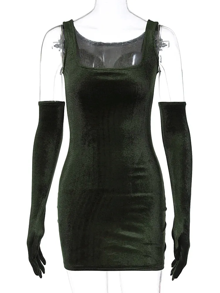 Trendy Green Velvet Party Dress & Gloves