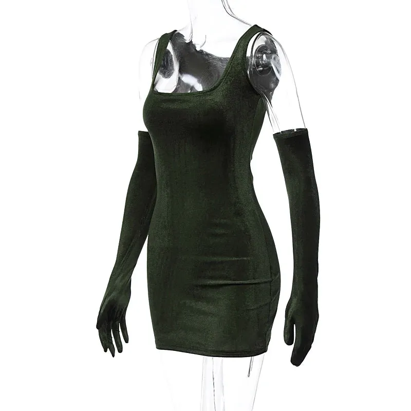 Trendy Green Velvet Party Dress & Gloves